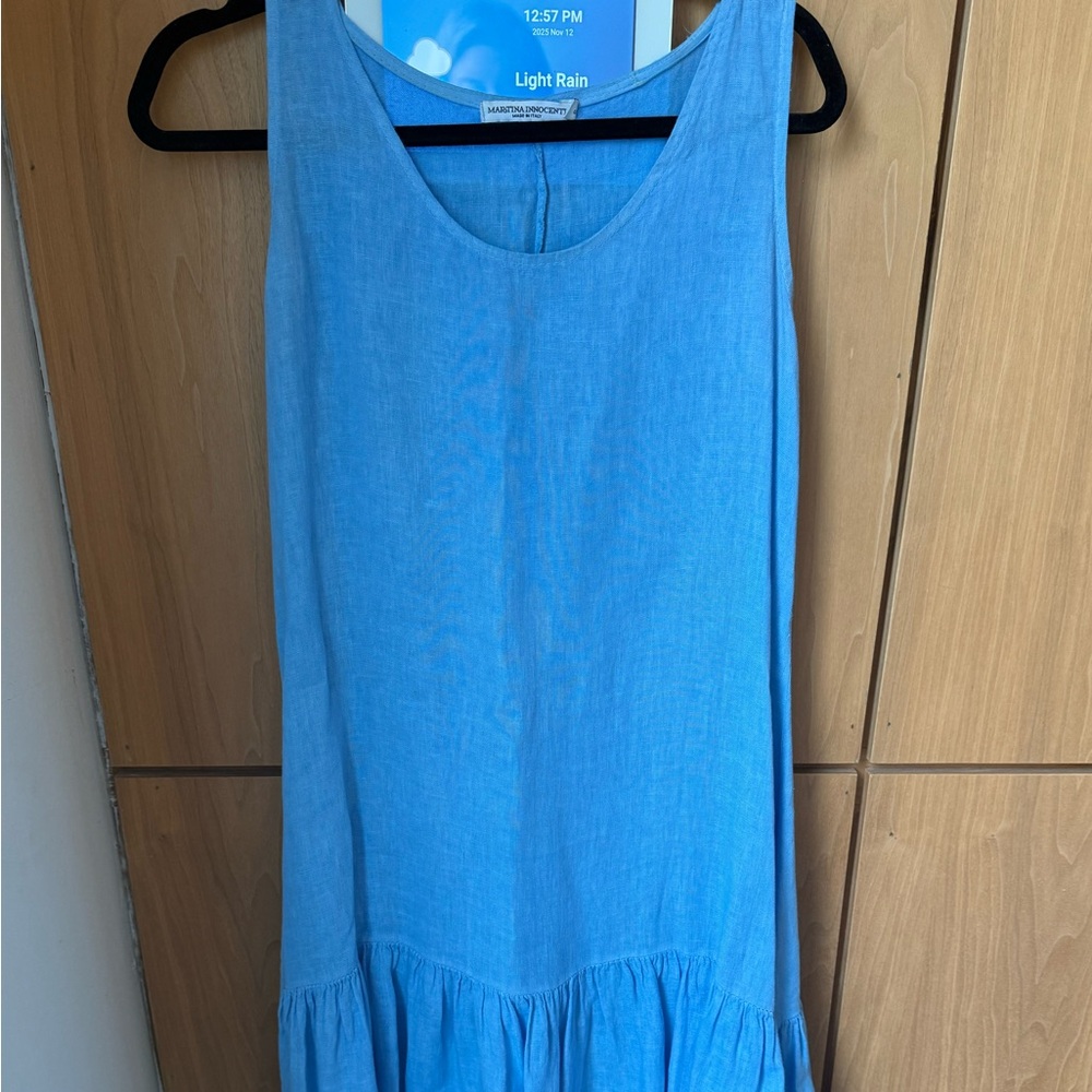 Pre-Loved Martina Innocenti Sleeveless Blue Linen Dress in Women’s Small
